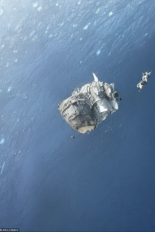 Prompt: a shallow ocean at the bottom of which is a spaceship, behind which is a 300-meter wave, and people in spacesuits are studying the wreckage of another ship, photorealistic