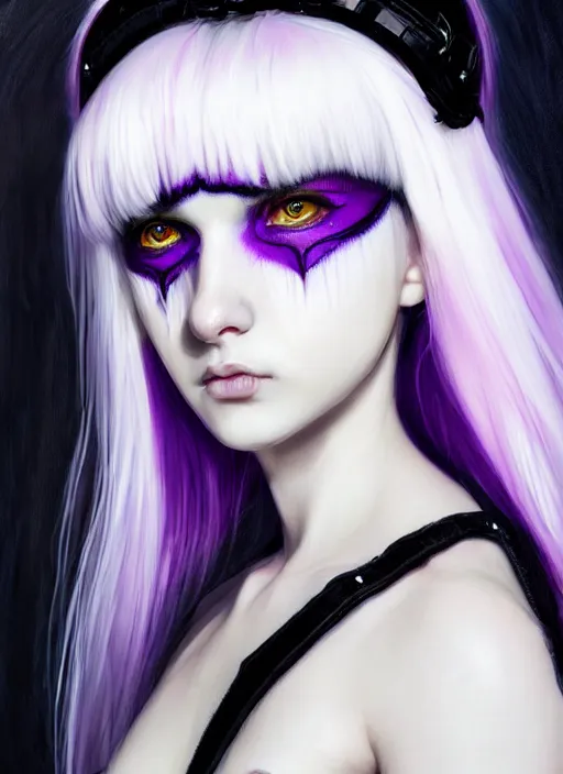 Image similar to whitebangs, black hair, black cyberlox, portrait of white teenage girl, normal face, white bangs, fluffy bangs, cyberlox, whitebangs, red contact lenses, purple background, intricate, elegant, highly detailed, digital painting, artstation, concept art, sharp focus, smooth, illustration, art by wlop, mars ravelo and greg rutkowski