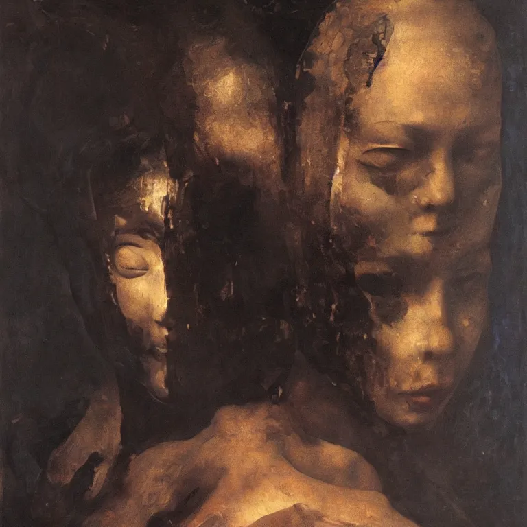 Image similar to The portrait of beautiful woman, closed eyes, steel full-face occult mask, black dress. by Ilya Repin, William Blake, Michelangelo da Caravaggio and Beksinski, highly detailed oil painting, Beinart Gallery, Arcadia gallery, trending on artstation, dramatic volumetric lighting, fantasy character, 4k, masterpiece