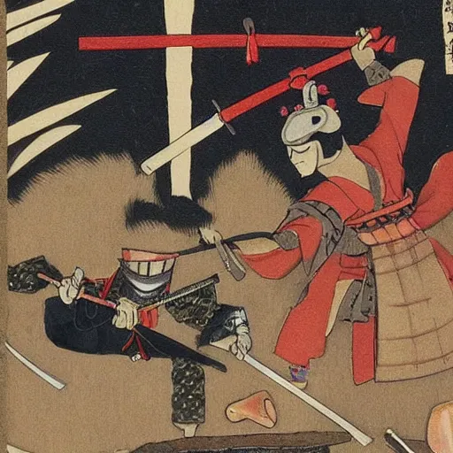 Prompt: samurai and ninja battle in style of bosch