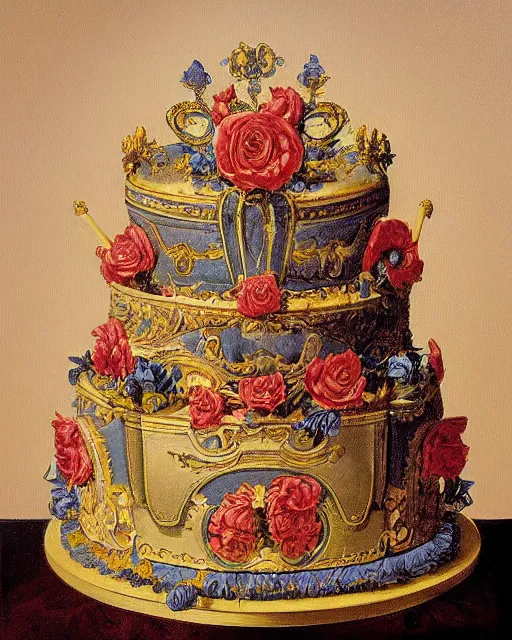 Prompt: painting of a baroque cake by greg hildebrandt tim hildebrant brothers hildebrant