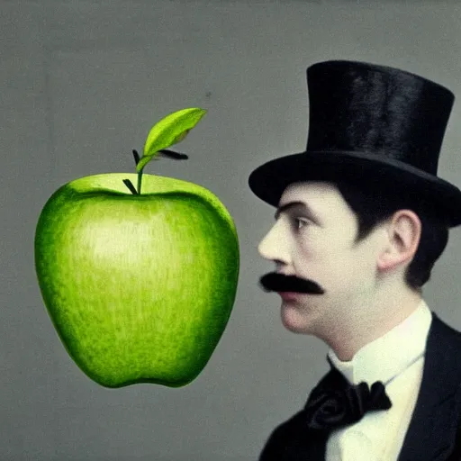 Image similar to Victorian gentlemen wearing a bowler hat looking on a green apple, in the style of rene magritte, 1900s photo