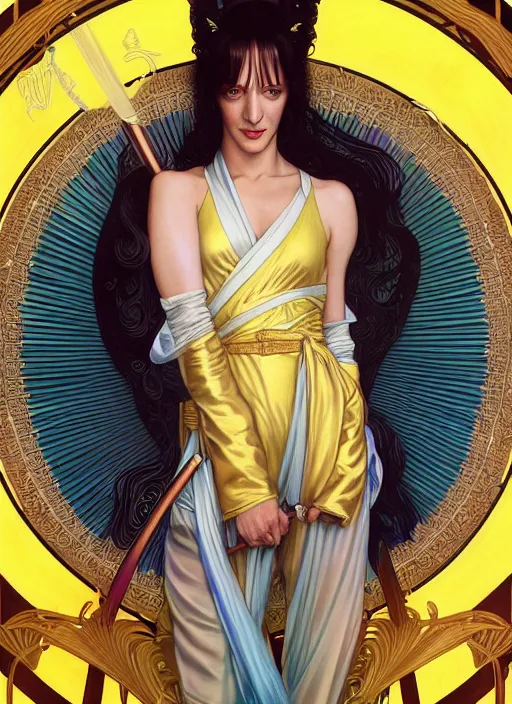 Image similar to uma thurman in kill bill, rococo and art nouveau fusion, iridescent diaphanous refractive and reflective katana, yelliw jumpsuit, highly detailed, deep focus, elegant, digital painting, smooth, sharp focus, illustration, ultra realistic, japanese art by artgerm and alphonse mucha