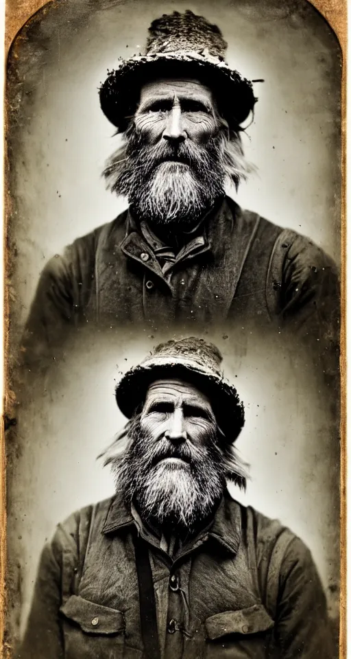 Prompt: a highly detailed digital collodion photograph, a portrait of a grizzled old woodsman