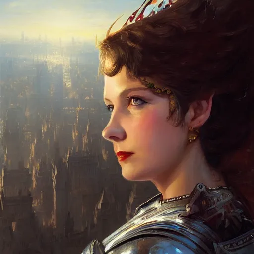 Image similar to closeup portrait of a young vivian leigh as female knight, city background, megacity, high fantasy, dramatic light, gorgeous view, depth, high detail, digital art, painted by greg rutkowski, trending on artstation