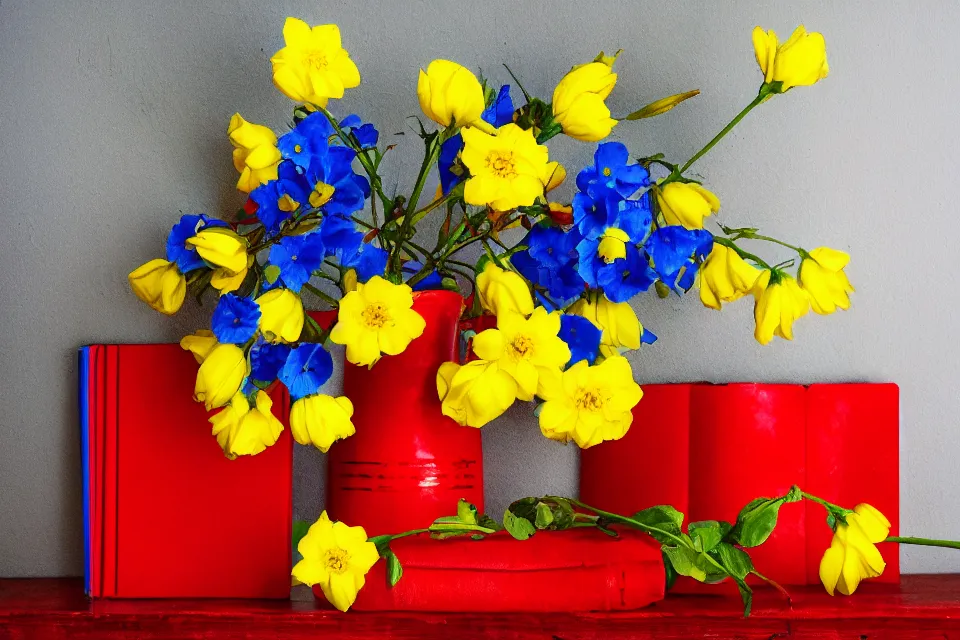 Image similar to red book and yellow vase with blue flowers, photo