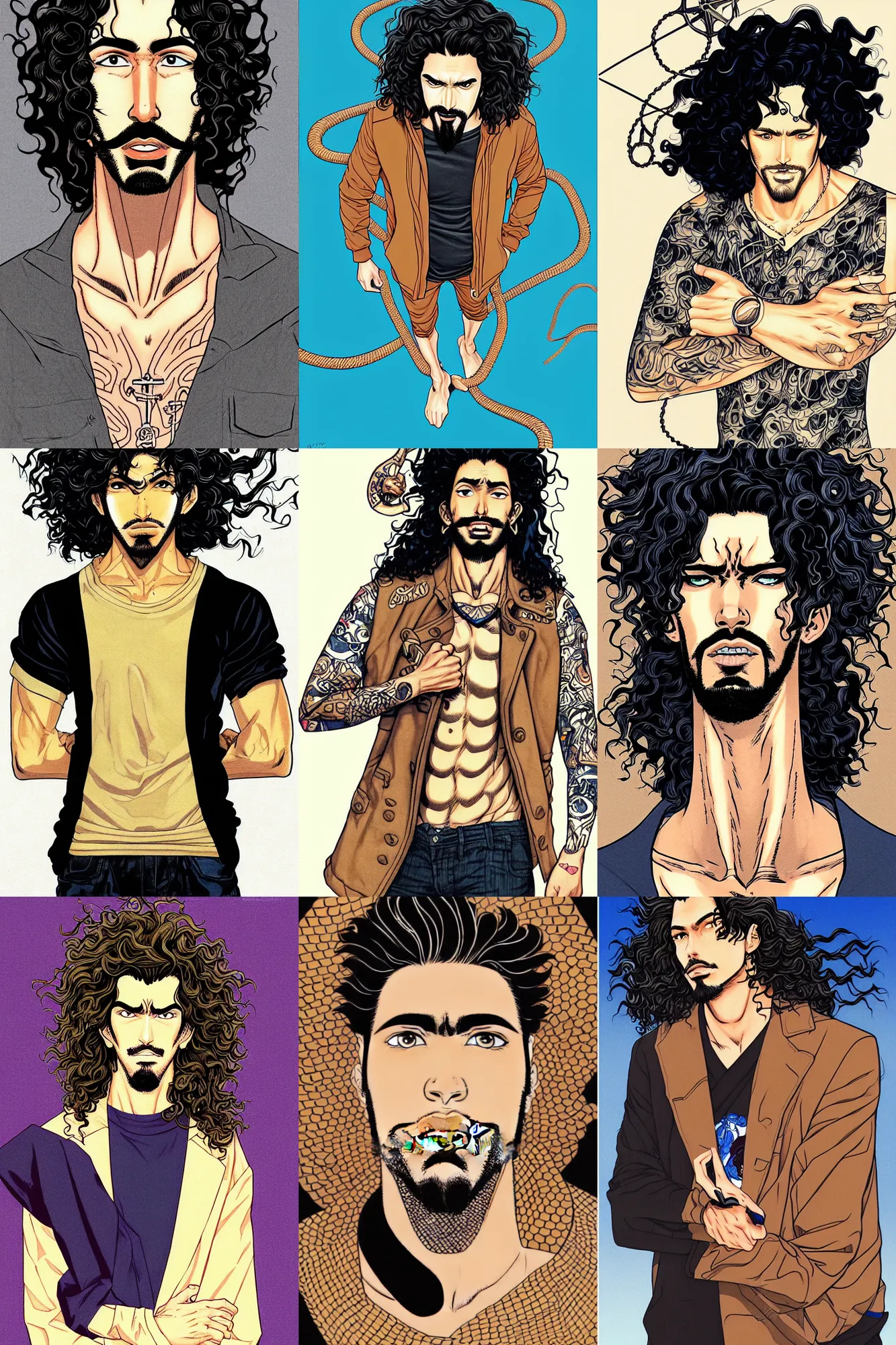 Prompt: illustration of a handsome!! man with long black curly hair, tan skin, anchor goatee | wearing modern streetwear | art by hirohiko araki & jean giraud & artgerm & jack kirby