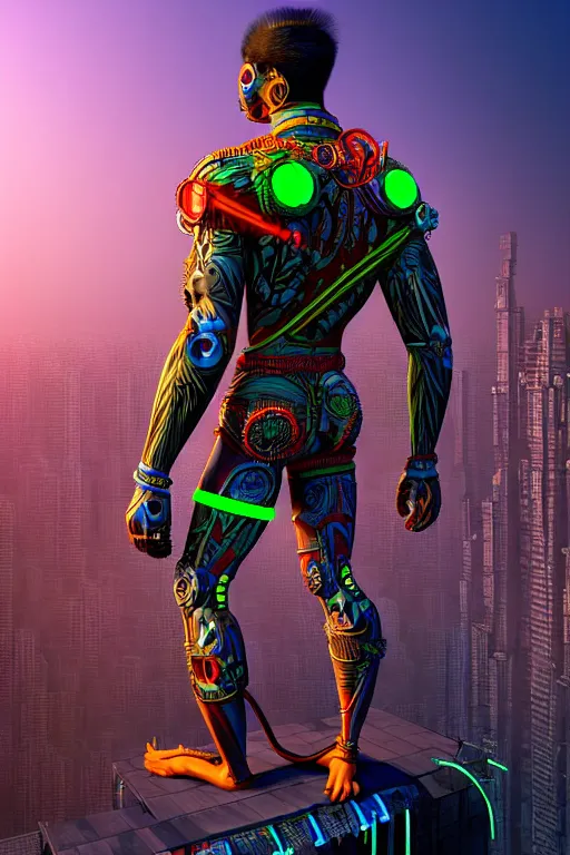 Image similar to high quality 3 d render stylized mischievous cyborg muscular man monkey hybrid, neon madhubani, highly detailed, cyberpunk!! mumbai in the background, unreal engine cinematic smooth, szukalski ravi varma, moody light, low angle, uhd 8 k, sharp focus