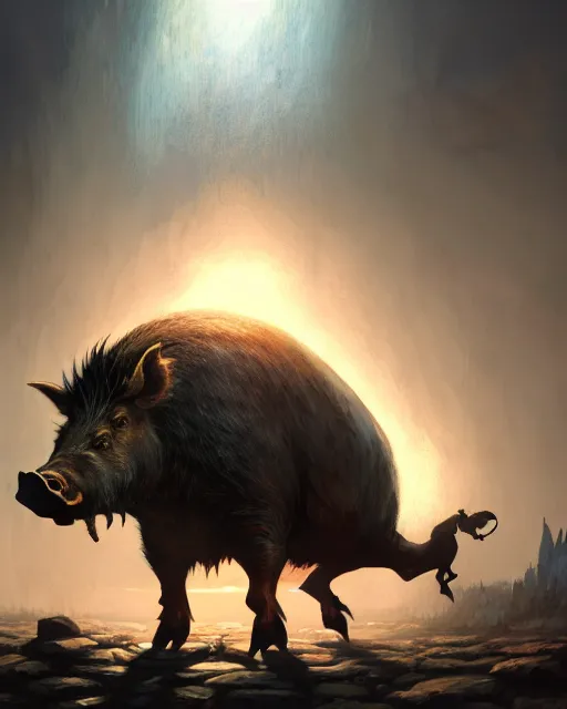 Image similar to Giant Boar looking at mouse, medium shot, fear, D&D, artstation, fantasy, magic the gathering artwork, cinematic lighting, centered, symmetrical, highly detailed, digital painting, , concept art, smooth, sharp focus, illustration, volumetric lighting, epic Composition, 8k, art by Akihiko Yoshida and Greg Rutkowski and Craig Mullins, oil painting, cgsociety