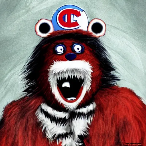 Image similar to scary anime Portrait of horrific Youppi the Habs Montreal Canadiens Mascot as a very dead powerful and violent pokemon, Youppi devouring Boston Bruins Bear Logo, lots of Bruins Bear Blood, highly detailed anime, high evolution, 1990s, haunted shiny legendary, darkness, smooth, sharp focus, dynamic lighting, intricate, trending on ArtStation, stuff of nightmares, illustration pokemon, art by WLOP