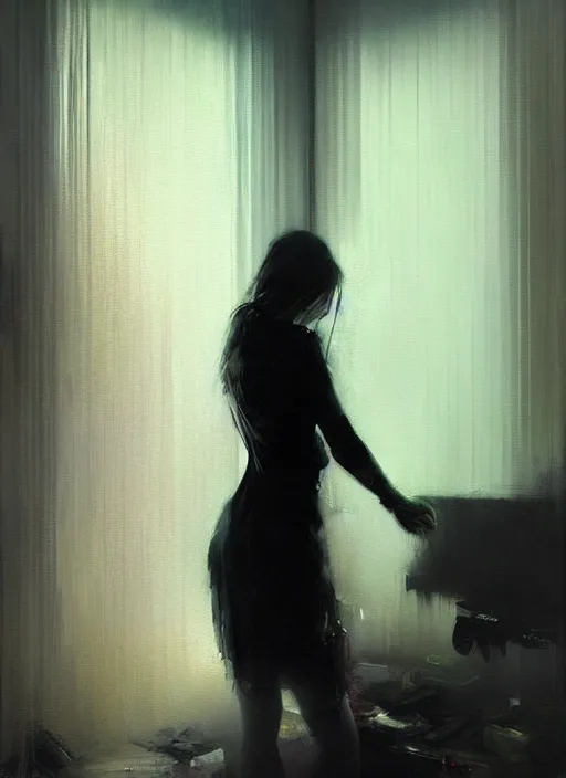 Prompt: a portrait of a sad woman inside a modern apartment, intricate oil painting, hyperdetailed, ethereal, cinematic, dramatic lighting, by jeremy mann and ruan jia and ilya kuvshinov