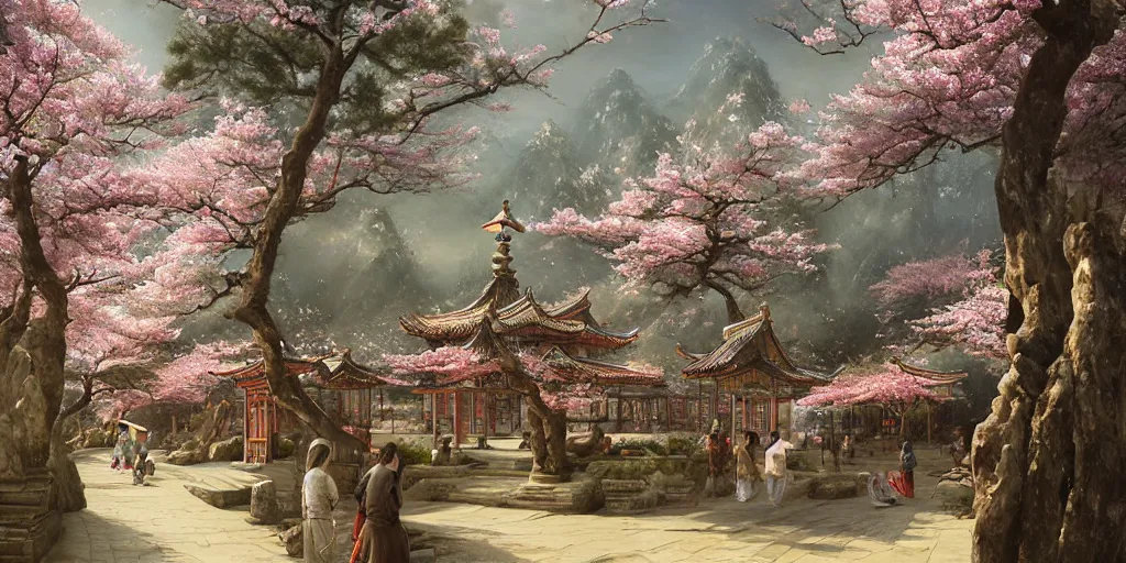 Image similar to a street in a ancient chinese characteristics. it has a high degree of fantasy. cherry blossom forest, there are pavilions in the air, koi jumping in the air, and fairy birds and animals such as cranes and deer coexist with people. it is the life scene of the ancient people, a detailed matte painting by christophe vacher and albert bierstadt