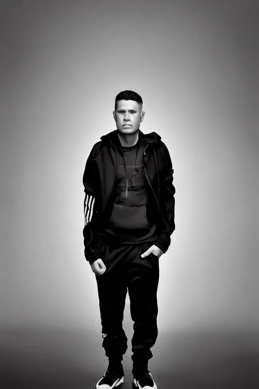 Prompt: full body photo. extreme long shot. man in black jacket and white!!! adidas!!! pants!!!. serious face. by Martin Schoeller