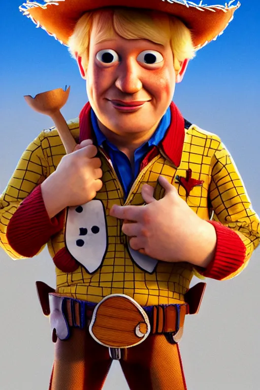 Image similar to Boris Johnson as Woody from Toy Story, Boris Johnson hairstyle, realistic portrait, symmetrical, highly detailed, digital painting, artstation, concept art, smooth, sharp focus, illustration, cinematic lighting, art by artgerm and greg rutkowski and alphonse mucha