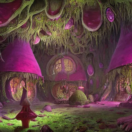 Image similar to concept art painting of a interior of an alien fantasy fairytale fungus house, realistic, detailed, cel shaded, magenta, in the style of makoto shinkai and greg rutkowski and james gurney