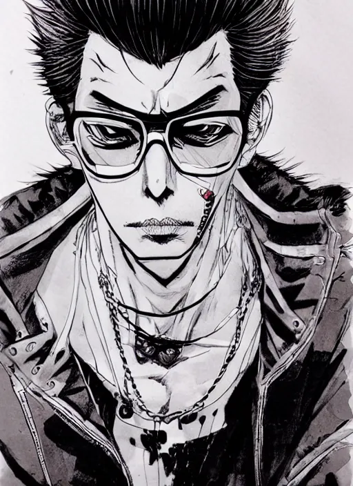Image similar to travis touchdown, by takehiko inoue and kim jung gi, masterpiece ink illustration, perfect face and anatomy!
