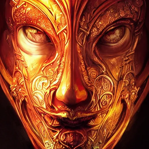 Image similar to Very very very very highly detailed epic photo of face with fiery demonic venetian mask, intricate, dystopian, sci-fi, extremely detailed, digital painting, artstation, concept art, smooth, sharp focus, illustration, intimidating lighting, realistic, incredible art by Artgerm and Vincent di Fate and Anton Pieck