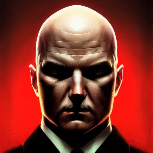 Image similar to a portrait of agent 4 7 from hitman with multiple faces formed into one, dark background, red rim light, highly detailed, digital art, artstation, concept art, smooth, sharp focus, greg rutkowski, wlop