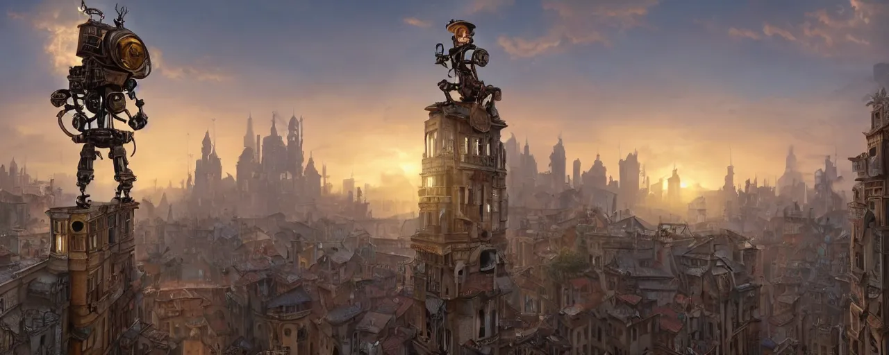 Prompt: a small cute steampunk robot standing on top of a building ledge overlooking a large renaissance steampunk city at sunset, backlit, by Eddie Mendoza , raphael lacoste, Andree Wallin, cinematic lighting, 8k, very detailed, ornate, beautiful composition,