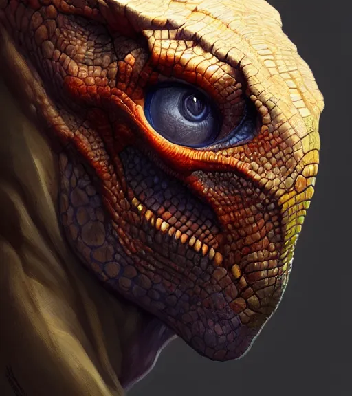 Prompt: portrait of a half man, half dinosaur man, half face revealing his dinosaur skin, highly detailed, digital painting, artstation, concept art, smooth, sharp focus, illustration, art by wlop, mucha, artgerm, and greg rutkowski