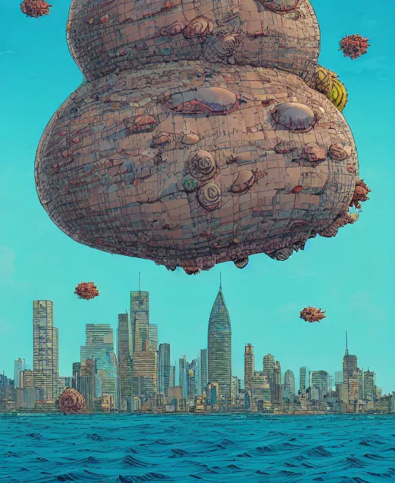 Image similar to city skyline made from obese sea slugs, in the style of a puffy spaceship, skeletons, partly cloudy, spooky, dramatic lighting, by geof darrow, bill sienkiewicz, dan mumford, yusuke murata, makoto shinkai, ross tran, cinematic, unreal engine, cel shaded, featured on artstation, pixiv