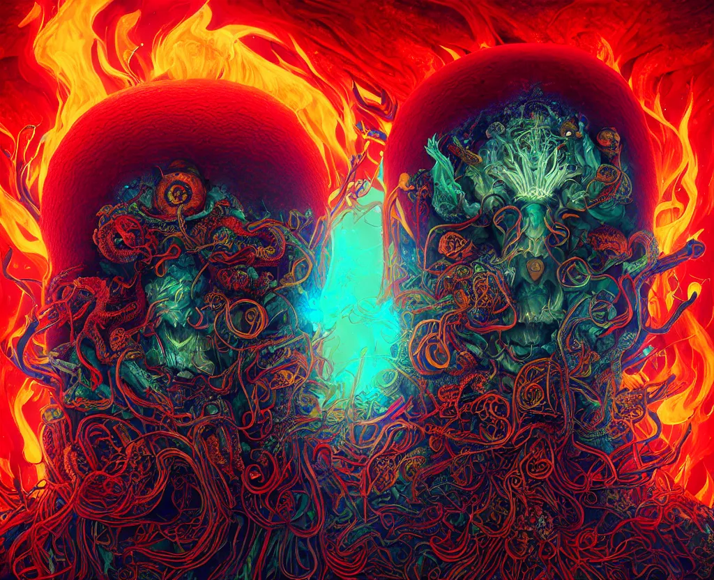 Image similar to psychedelic shaman close-up portrait. amanita muscaria phoenix head, nautilus, insect, skull, ice and fire, bioluminiscent creatures, intricate artwork by Tooth Wu and wlop and beeple. octane render, trending on artstation, greg rutkowski very coherent symmetrical artwork. cinematic, hyper realism, high detail, octane render, 8k