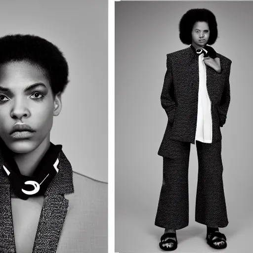 Image similar to realistic photoshooting for a new balenciaga lookbook color film photography portrait of a beautiful woman model wearing a black harness blazer, photo in style of tyler mitchell