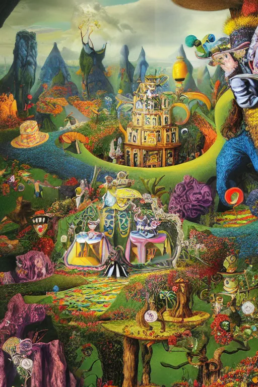 Prompt: the mad hatter in a magical realism landscape in wonderland by jacek yerka and salvador dali, detailed matte painting, 8 k resolution