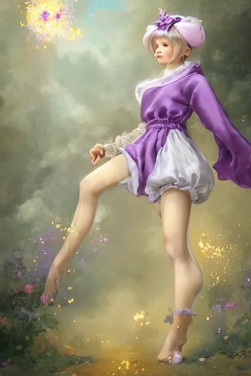 Image similar to Full View fairy maiden with short blond hair wearing an oversized purple Beret, Baggy Purple overall shorts, Short Puffy pants made of silk, silk shoes, a big billowy scarf, Golden Ribbon, and white leggings Covered in stars. covered in embroidery. Short Hair. peasant magic. masterpiece 4k digital illustration by Ruan Jia and Mandy Jurgens and Artgerm and william-adolphe bouguereau, award winning, Artstation, art nouveau aesthetic, Alphonse Mucha background, intricate details, realistic, panoramic view, Hyperdetailed, 8k resolution, intricate art nouveau