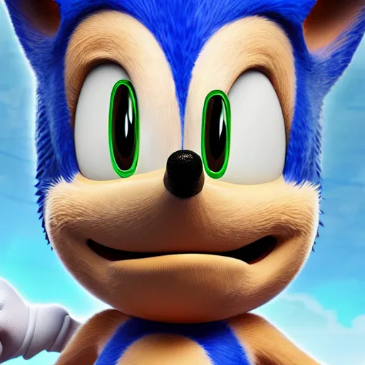 Prompt: sonic the hedgehog, strong chin, stubble, smiling, digital art, ernest khalimov, high quality, portrait