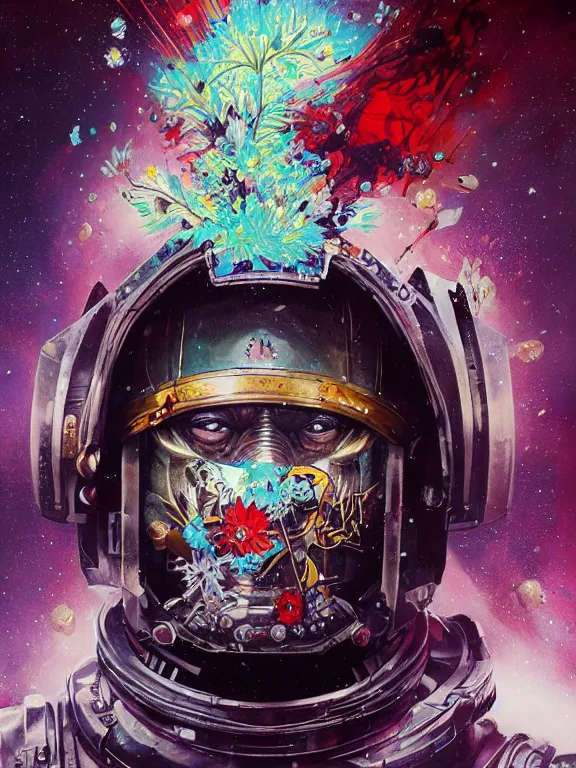 Image similar to art portrait of space marine with flower exploding out of head,by tristan eaton,Stanley Artgermm,Tom Bagshaw,Greg Rutkowski,Carne Griffiths,trending on DeviantArt,face enhance,hyper detailed,minimalist,cybernetic, android, blade runner,full of colour,