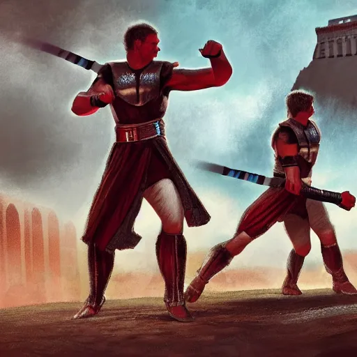 Prompt: gladiators in the colosseum fighting with lightsabers, digital art, detailed, realistic, artstation