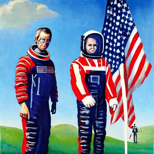 Prompt: the painting American Gothic, but with astronaut suits