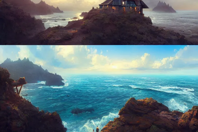 Image similar to lovely a - frame home sits atop a broad cliff, overlooking the entirety of the blue sky, digital painting by greg rutkowski and gaston bussiere, zbrush, cgsociety contest winner, comprehensive art, intricate, landscape photography, brightly radiant atmosphere, overcast sky, homogeneous to hawaii, 4 k, 8 k