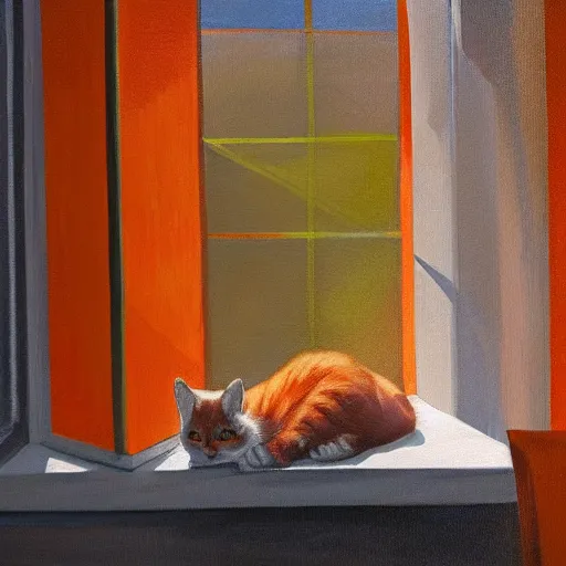 Prompt: painting of orange cat with white stripes in a room, with a window shining light into the room, magic hour