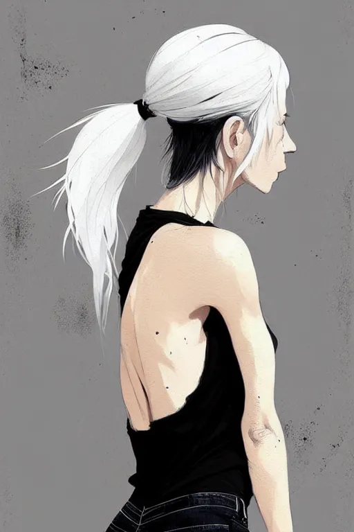 Image similar to a ultradetailed beautiful painting of a stylish woman in with white hair in a ponytail, she is wearing a black tank top and jeans, by conrad roset, greg rutkowski and makoto shinkai trending on artstation