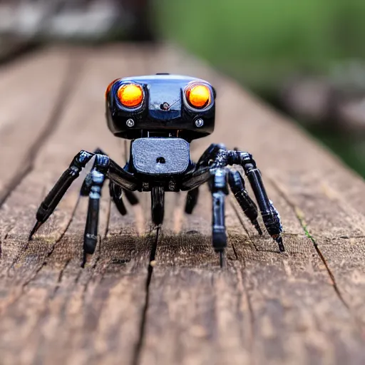 Image similar to small Robot spider wielding a big chainsaw, 40nm lens, wide angle, shallow depth of field, 4k,