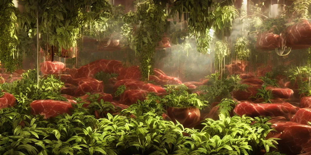 Prompt: plants like meat are irrigated by pipes flowing with milky liquid, central composition, fluid, ultra clear material, volumetric light, lightrays, cinematic, atmospheric, 3 d concept art, octane render, beautiful, cinematic lighting, intricate details.