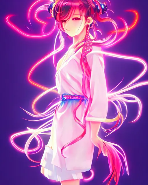 Prompt: anime style, vivid, expressive, full body, 4 k, painting, a cute magical girl idol with a long wavy hair wearing a kimono outfit, correct proportions, stunning, realistic light and shadow effects, neon lights, studio ghibly makoto shinkai yuji yamaguchi