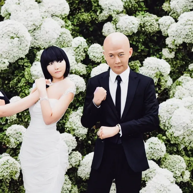 Image similar to saitama one punch man instagram couple's wedding photo shoot, closeup photo