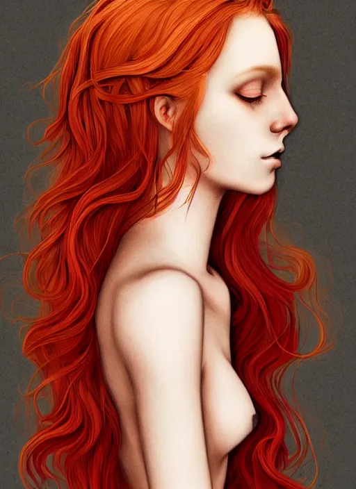 Image similar to dramatic ethereal full length illustration of a beautiful and red hair young woman in the art style of Martine Johanna, not realistic, anatomically correct, beautiful!! perfect face, enigmatic, volumetric golden dappled dynamic lighting, sharp focus, 8k high definition, insanely detailed, intricate, elegant