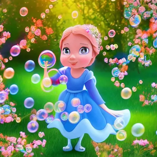 Prompt: a little girl in a beautiful garden blowing bubbles in a still from a disney movie. beautiful disney cartoon character art, high quality, detailed face