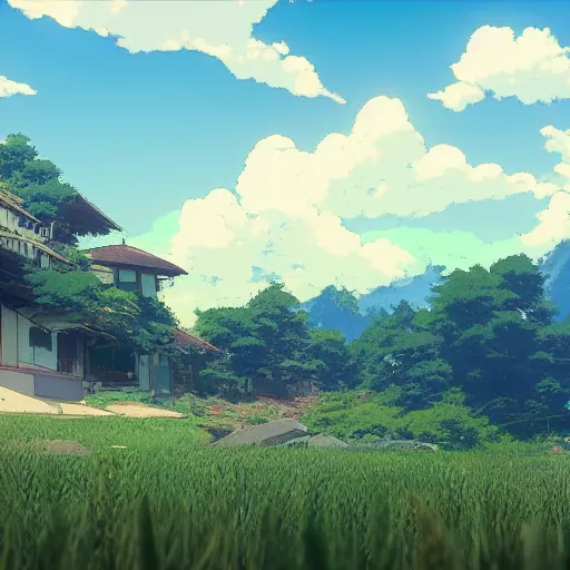 Image similar to a beautiful render of a Pir Panjal Range by Makoto Shinkai and Mark Simonetti in style of Studio Ghibli ,rendered in octane, 4k ,35mm lens , anime colours