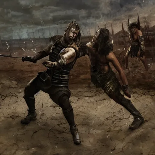 Prompt: post - apocalyptic gladiator duel