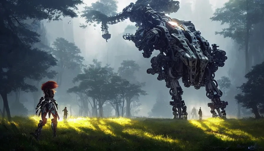 Image similar to walking mech covered in chrome armor, large shapes, horizon zero dawn aesthetic, covered in moss and birds, many large glowing lights, beautiful forests and trees, utopian landscape, bright sunlight, cinematic, concept art, art by WLOP and artgerm and greg rutkowski, trending on artstation, masterpiece.