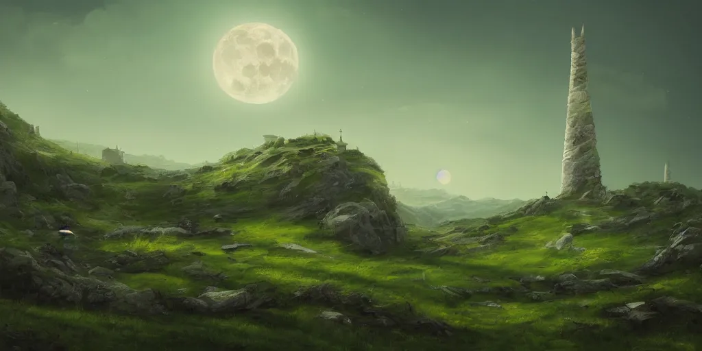 Image similar to The great marble wizards tower, painted landscape,green fields in the background, moody lighting, moon in the night sky, artstation, digital art