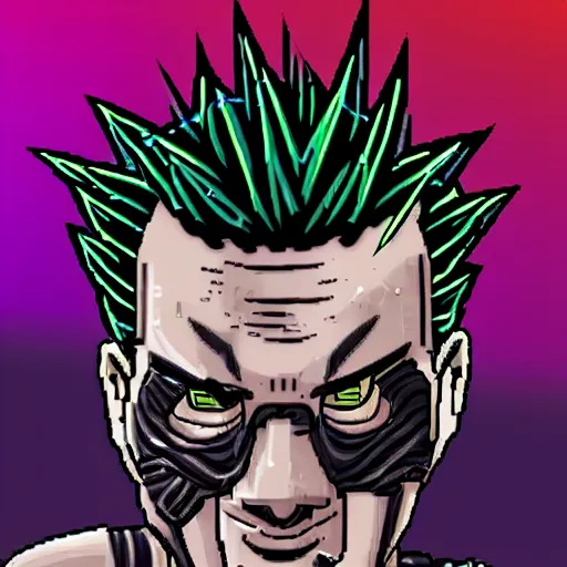 Prompt: neonpunk anarchist with mohawk and cyber implants on face, fuming, angry, grinning, pixel art