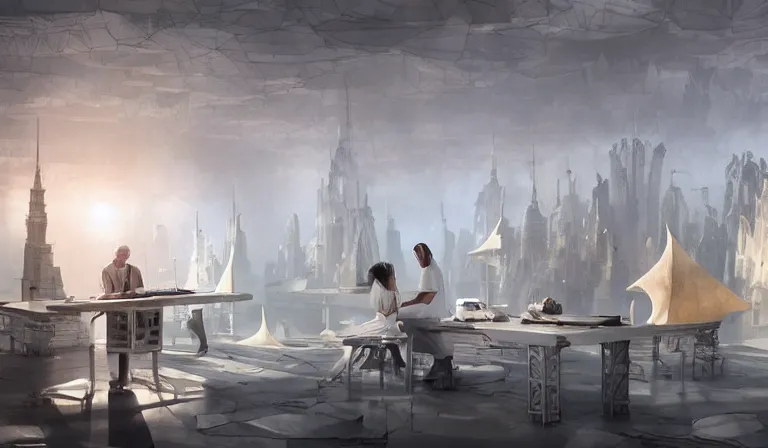 Image similar to gediminas pranckevicius group of people in simple white museum, looking at hologram of futuristic city on a table, cinematic concept art, godrays, golden hour, natural sunlight, 4 k, clear details, tabletop model buildings, center model buildings, hologram center, crane shot, crane shot, crane shot