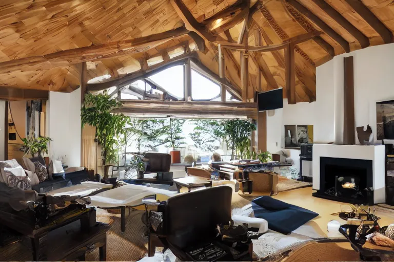 Image similar to modern Japanese living room, arched ceiling, luxurious wooden cottage, traditional, Japanese flower arrangements, high-tech devices, traditional fireplace, real estate photography