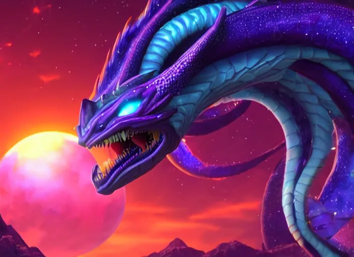 Prompt: aurelion sol dragon in the cosmos staring at the viewer, ultra realistic 4 k unreal engine render with ray tracing bloom ambient occlusion